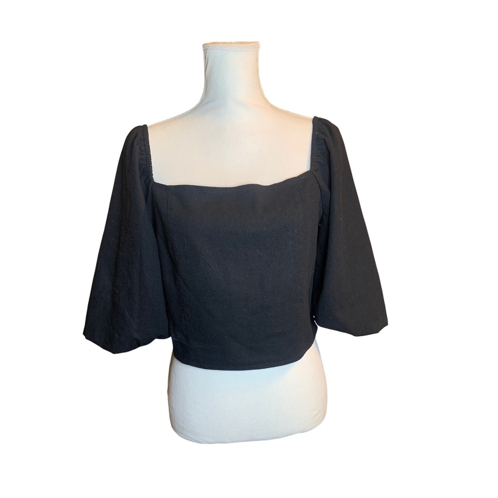 Mi Ami Black‎ Square Neck Puff Sleeve Smocked Back Crop Top XL Jedson